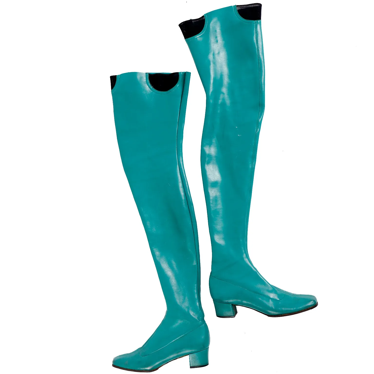 1970s French Vintage Green Thigh High Stretch Vegan Leather Boots