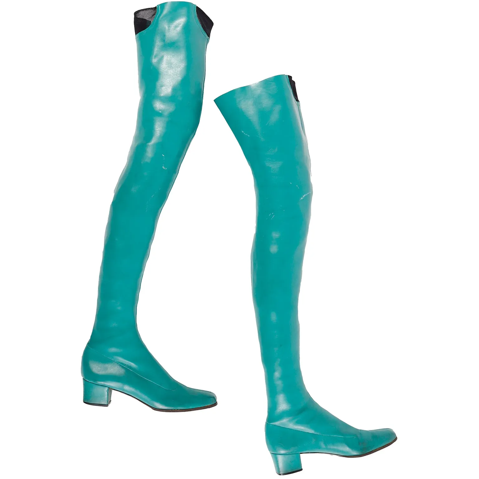 1970s French Vintage Green Thigh High Stretch Vegan Leather Boots