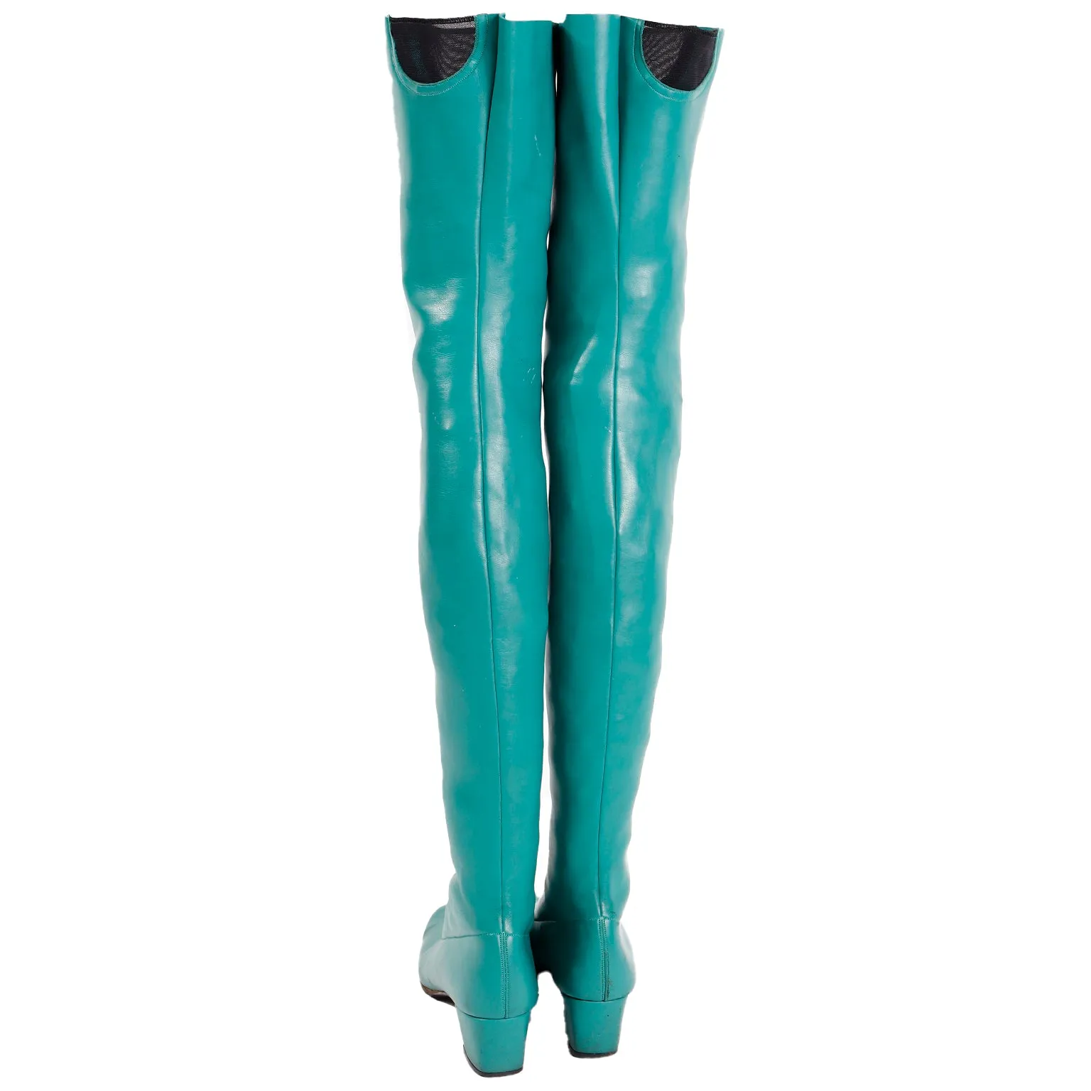 1970s French Vintage Green Thigh High Stretch Vegan Leather Boots