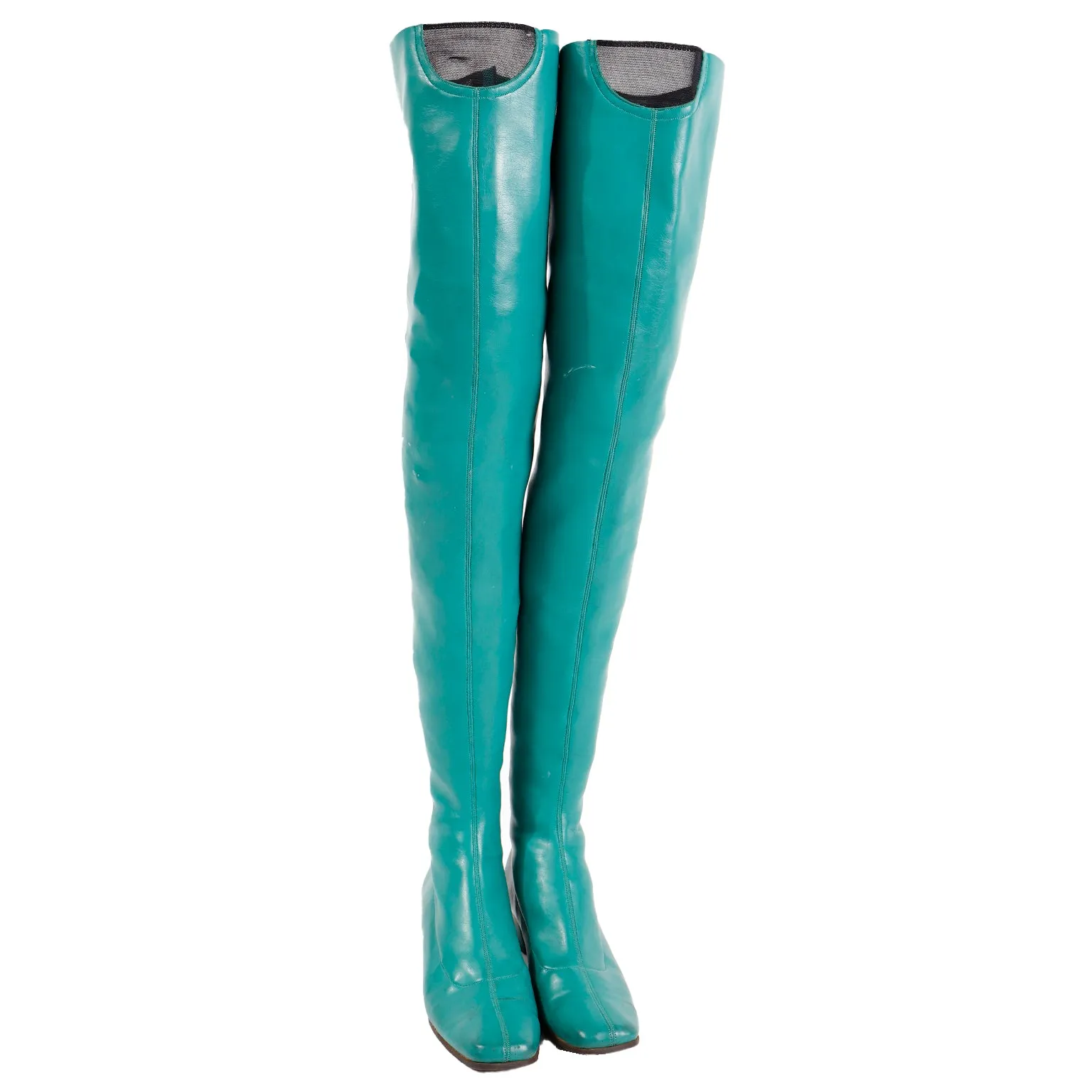 1970s French Vintage Green Thigh High Stretch Vegan Leather Boots