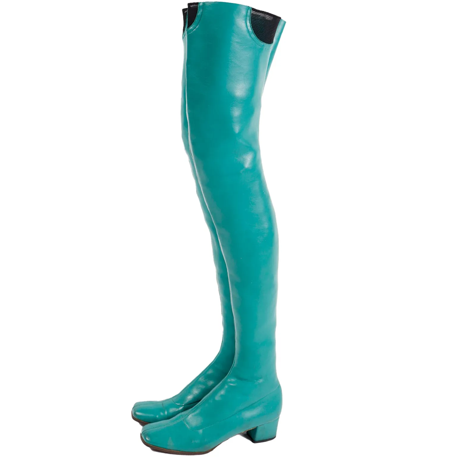 1970s French Vintage Green Thigh High Stretch Vegan Leather Boots