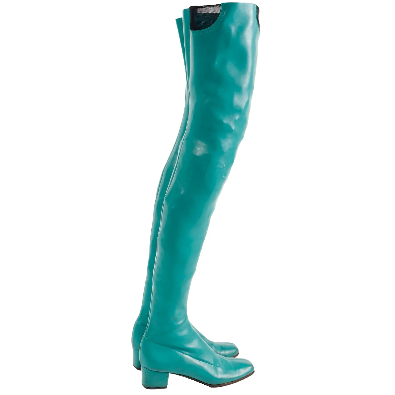 1970s French Vintage Green Thigh High Stretch Vegan Leather Boots