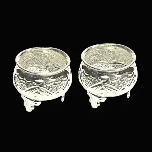 25 grams Pure Silver Ghee Cup With Fancy Embossed Legs (Set Of 2) - Embossed Indian Design and Mirror Finished