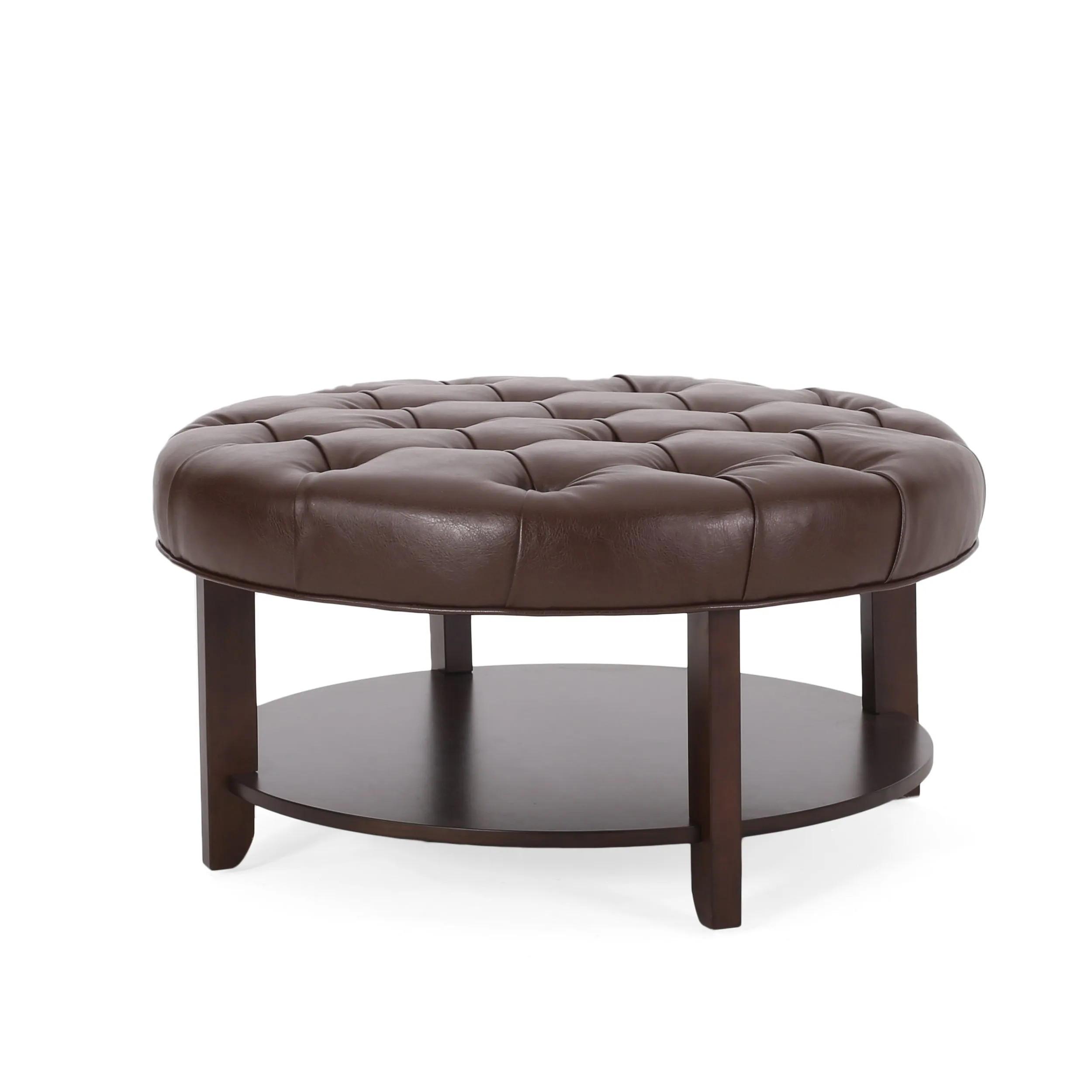 Baynes Contemporary Faux Leather Tufted Wood Round Ottoman with Open Shelf