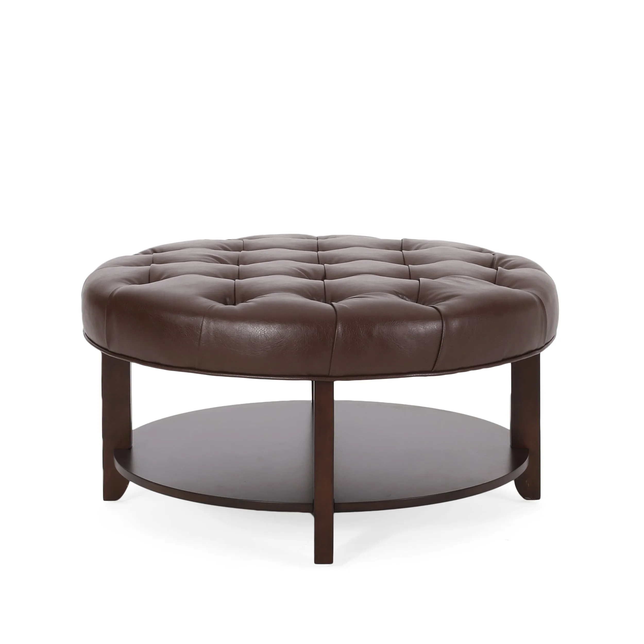 Baynes Contemporary Faux Leather Tufted Wood Round Ottoman with Open Shelf