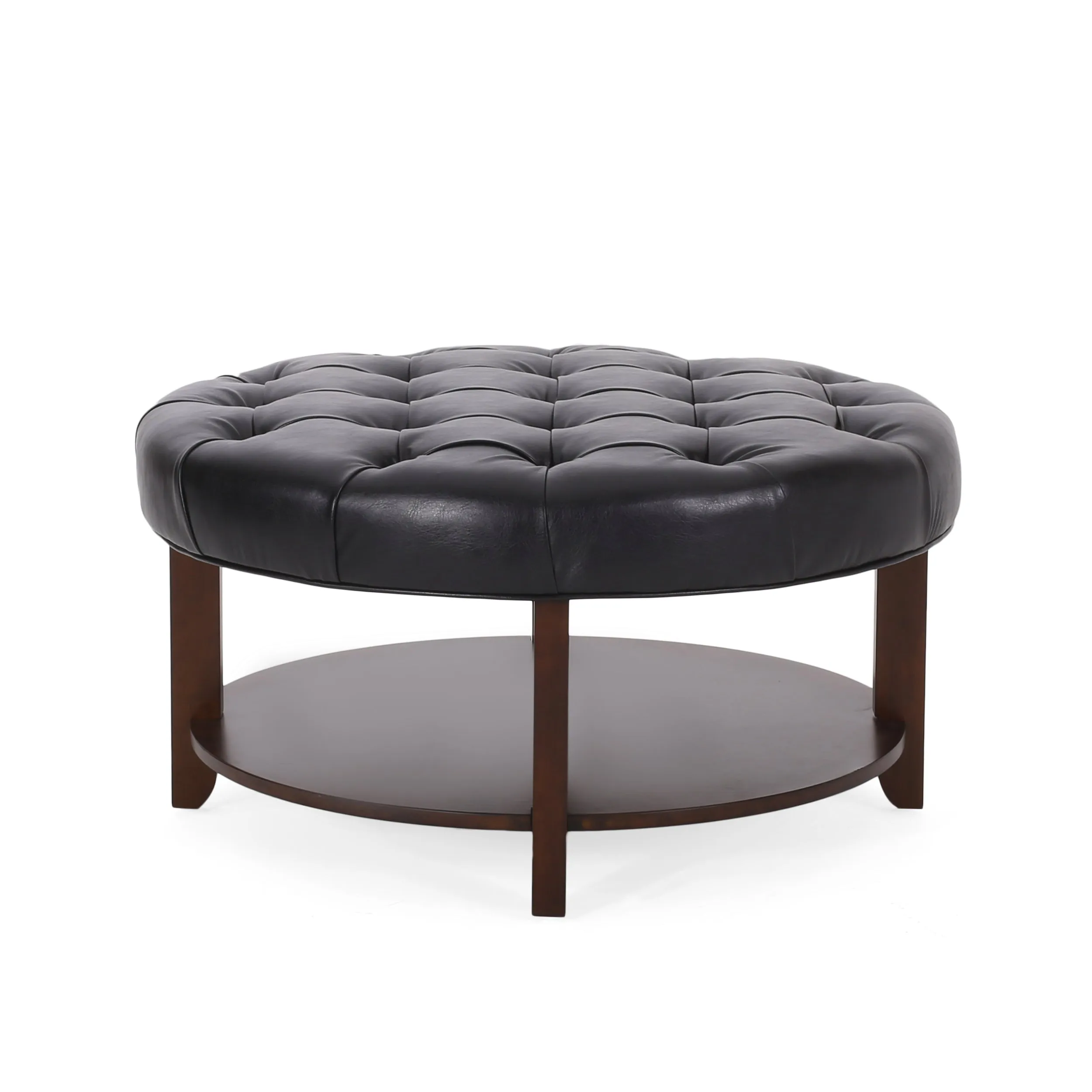 Baynes Contemporary Faux Leather Tufted Wood Round Ottoman with Open Shelf