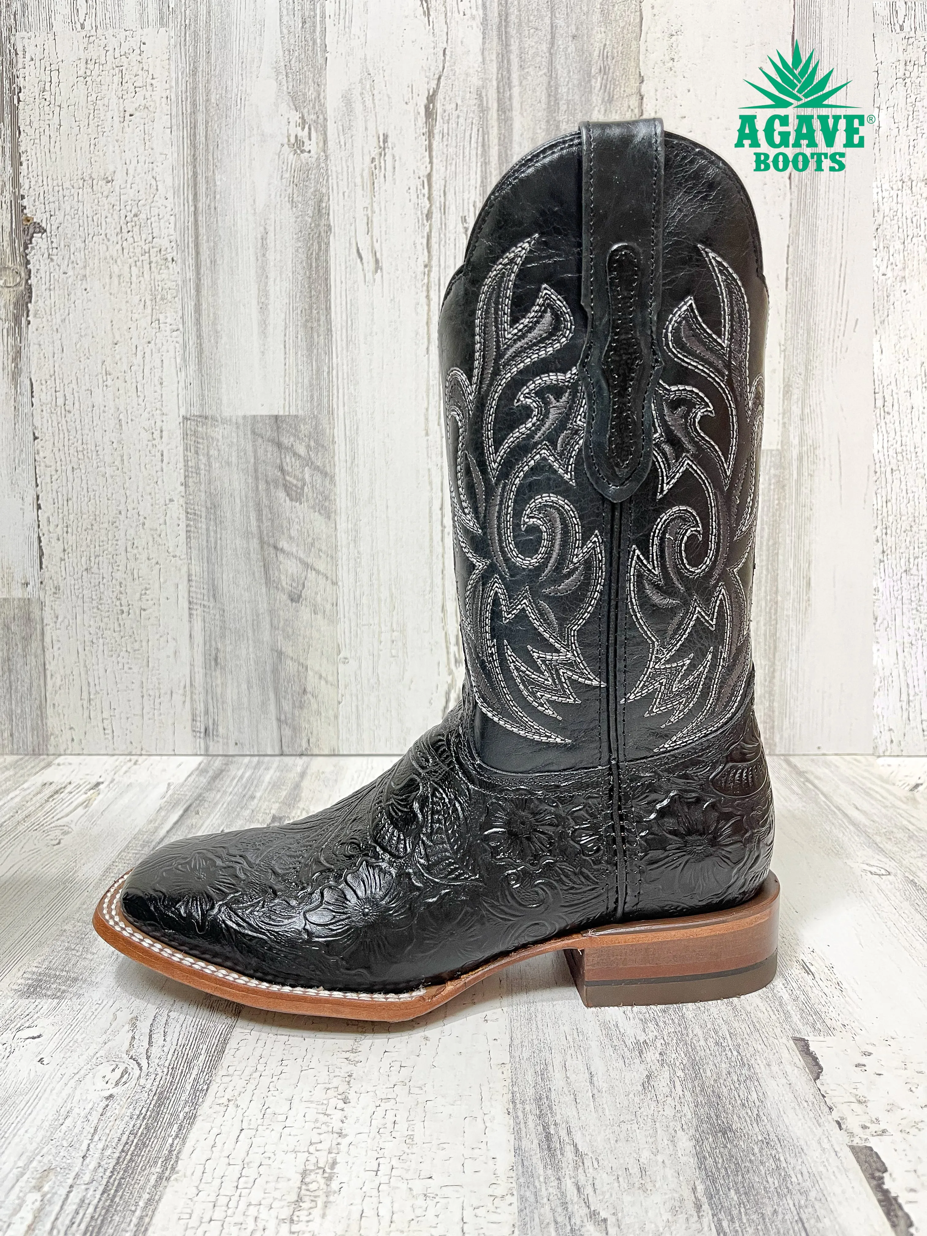 BLACK TOOLED PRINT | MEN SQUARE TOE WESTERN COWBOY BOOTS