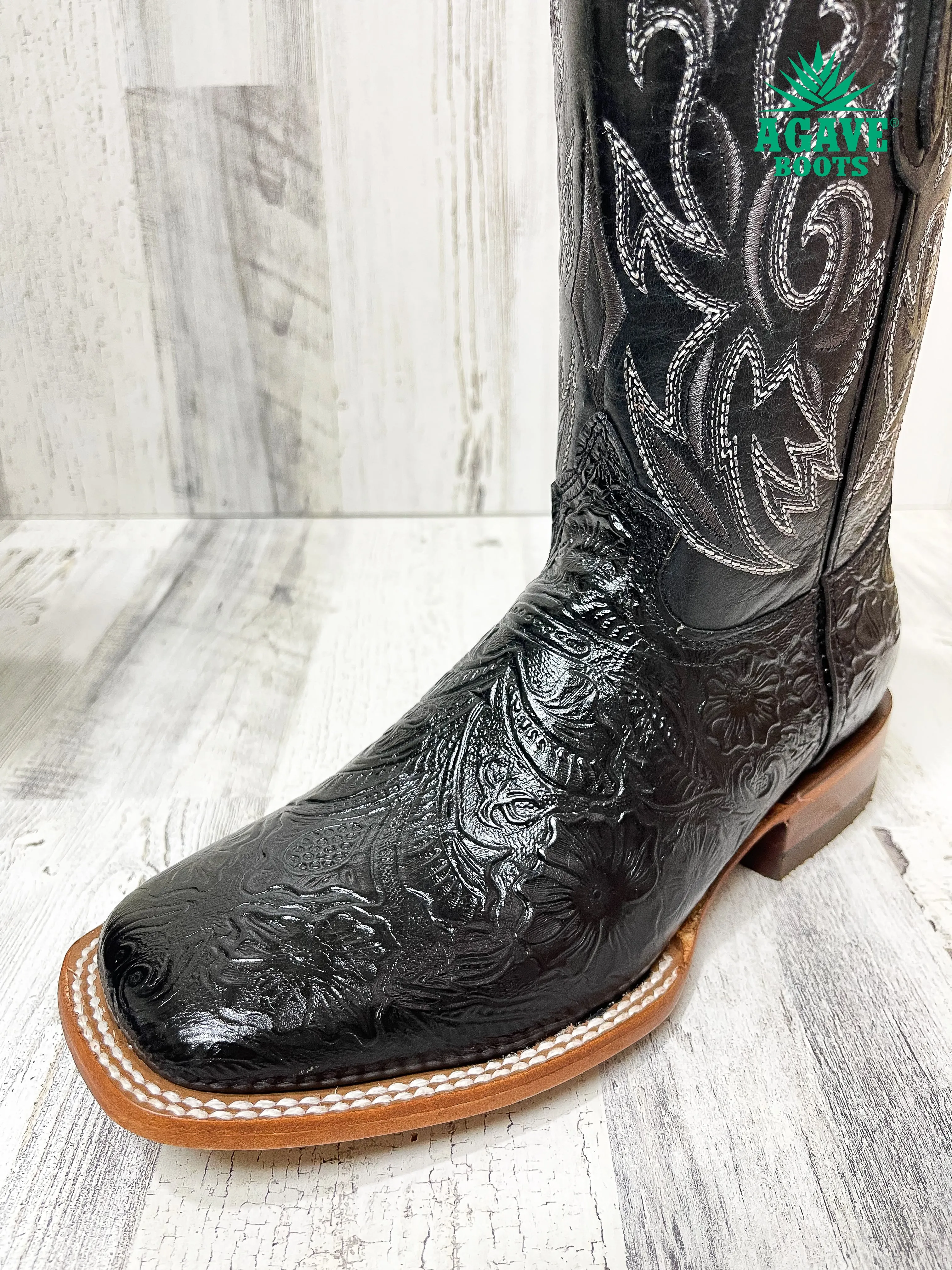 BLACK TOOLED PRINT | MEN SQUARE TOE WESTERN COWBOY BOOTS