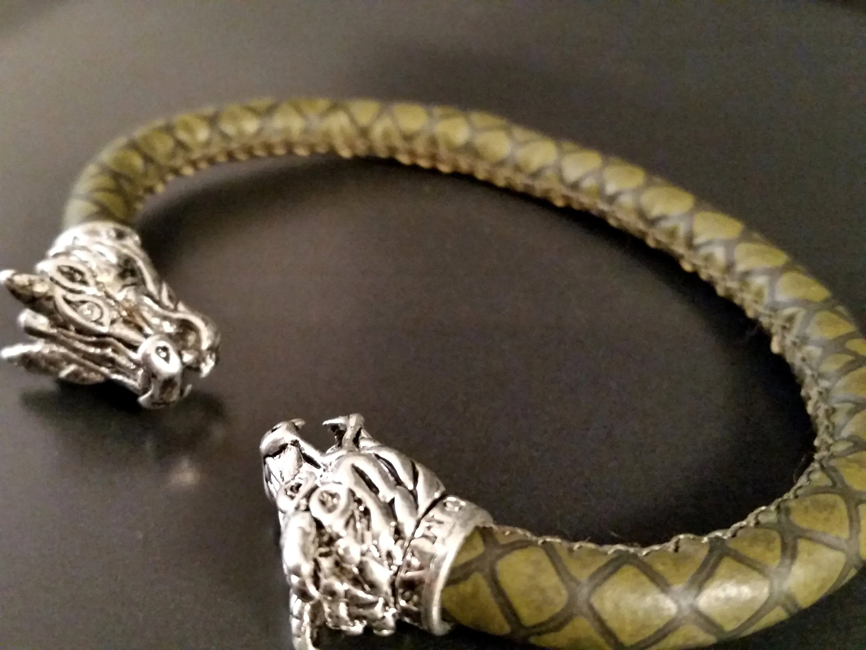 Bracelet Silver Green Dragon Embossed Leather