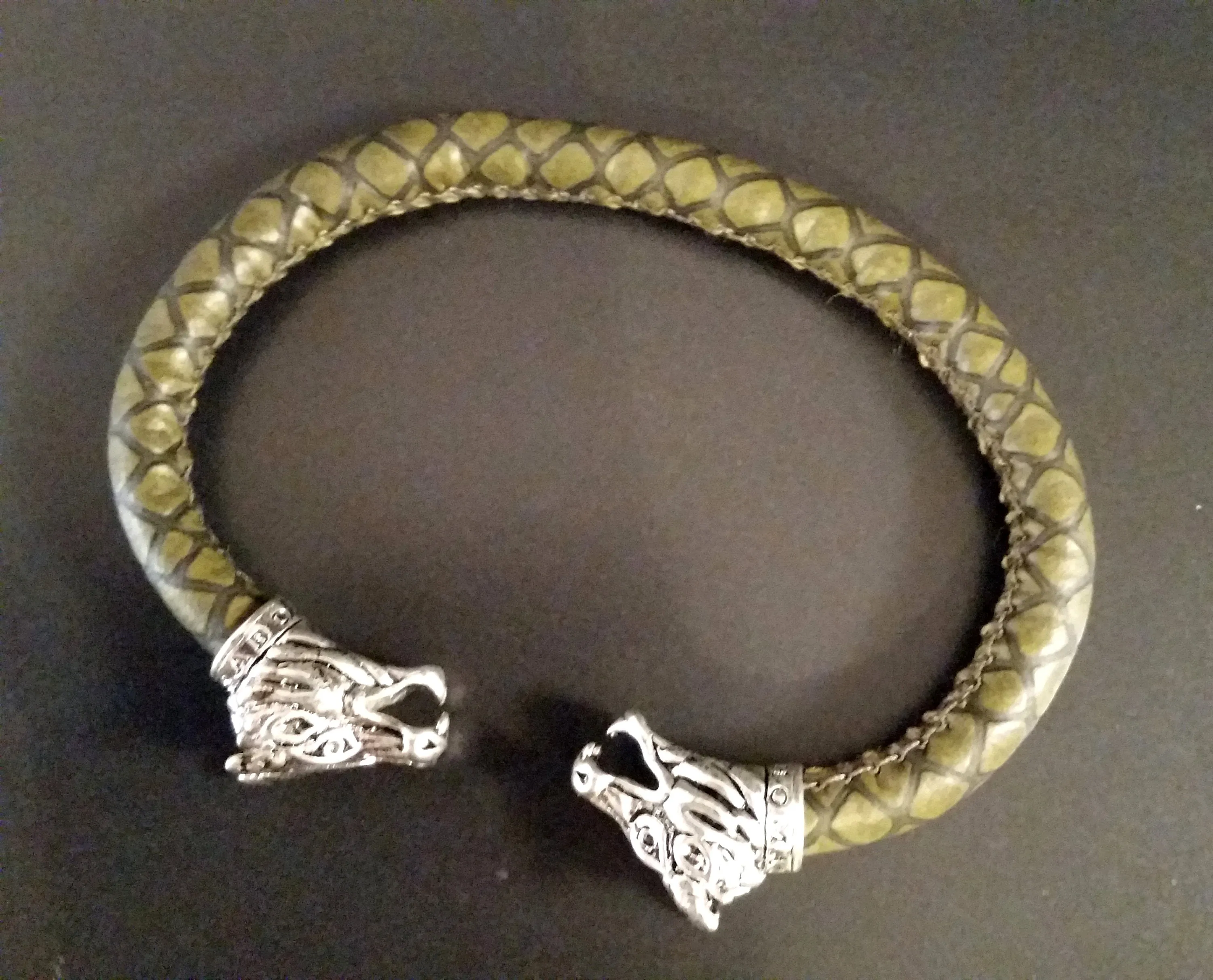 Bracelet Silver Green Dragon Embossed Leather