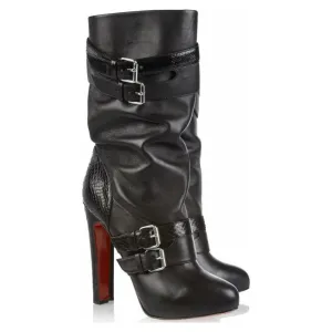 Christian Louboutin Loubi Bike 140 Black Leather Python Mid Calf Boots 40 UK 7