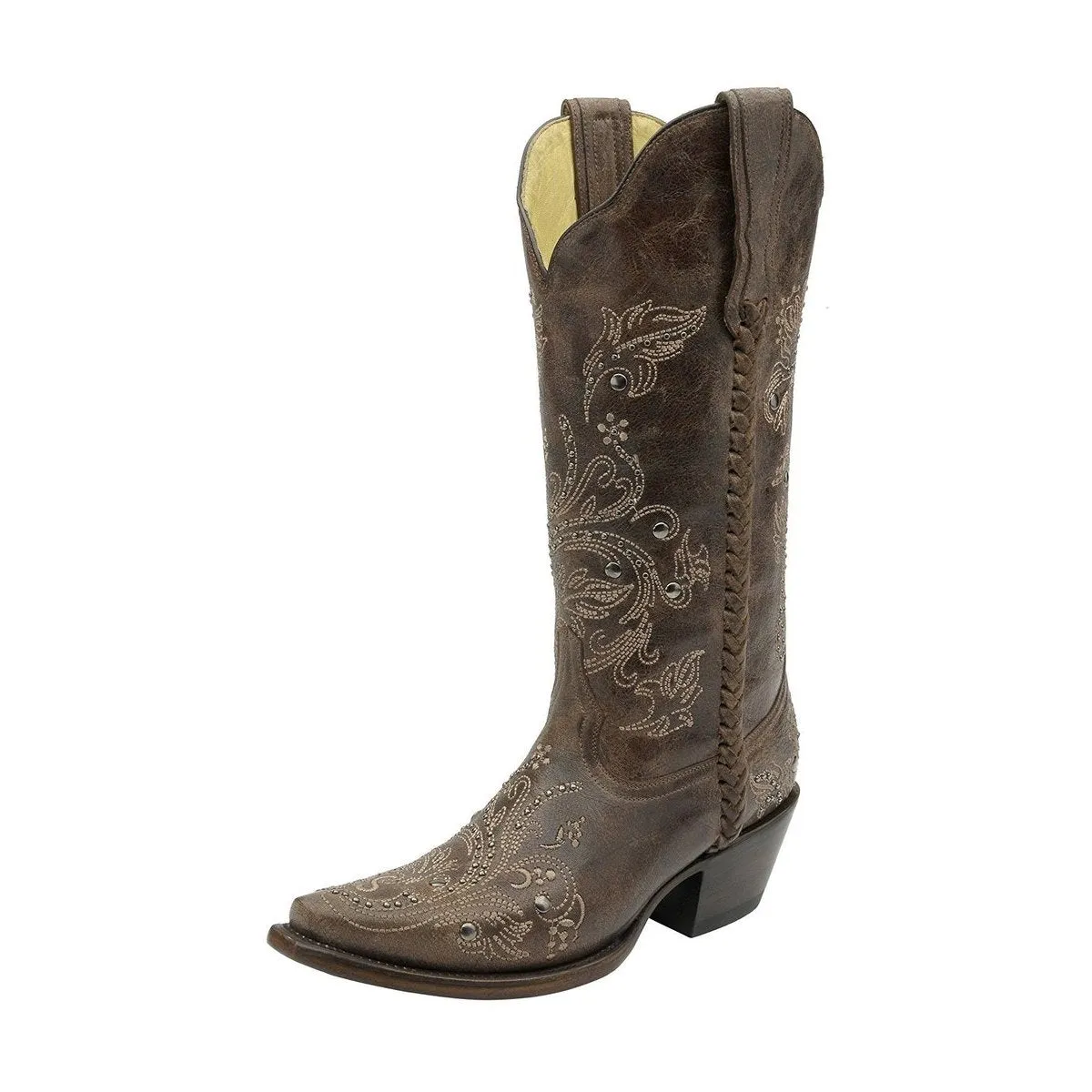 Corral Women's Floral Whip Stitch Studded Cowgirl Boot Snip Toe - G1129