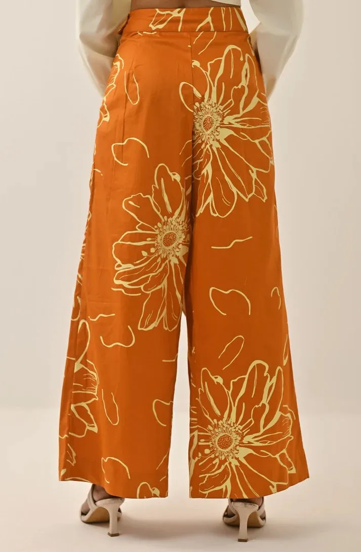 Cotton Orange Floral Printed Women's Trouser