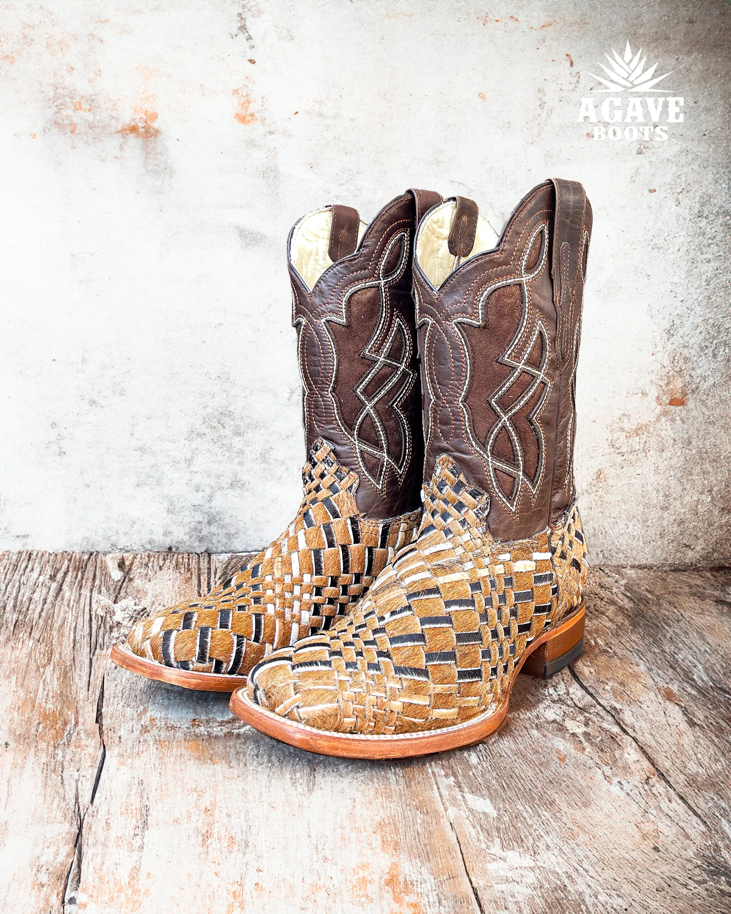 COWHIDE WEAVE / HAND WOVEN / BRAIDED COWHIDE | MEN SQUARE TOE COWBOY BOOTS