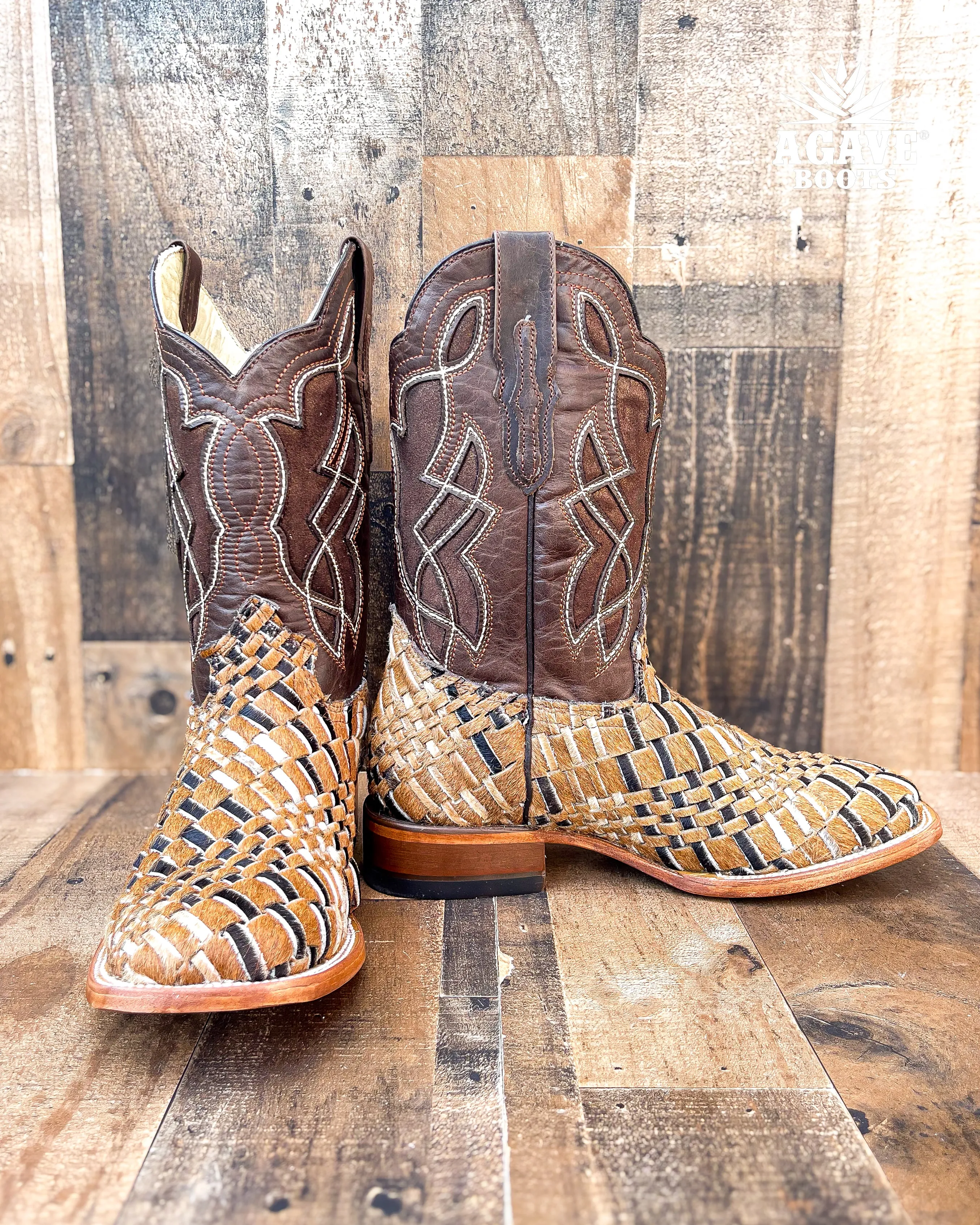 COWHIDE WEAVE / HAND WOVEN / BRAIDED COWHIDE | MEN SQUARE TOE COWBOY BOOTS