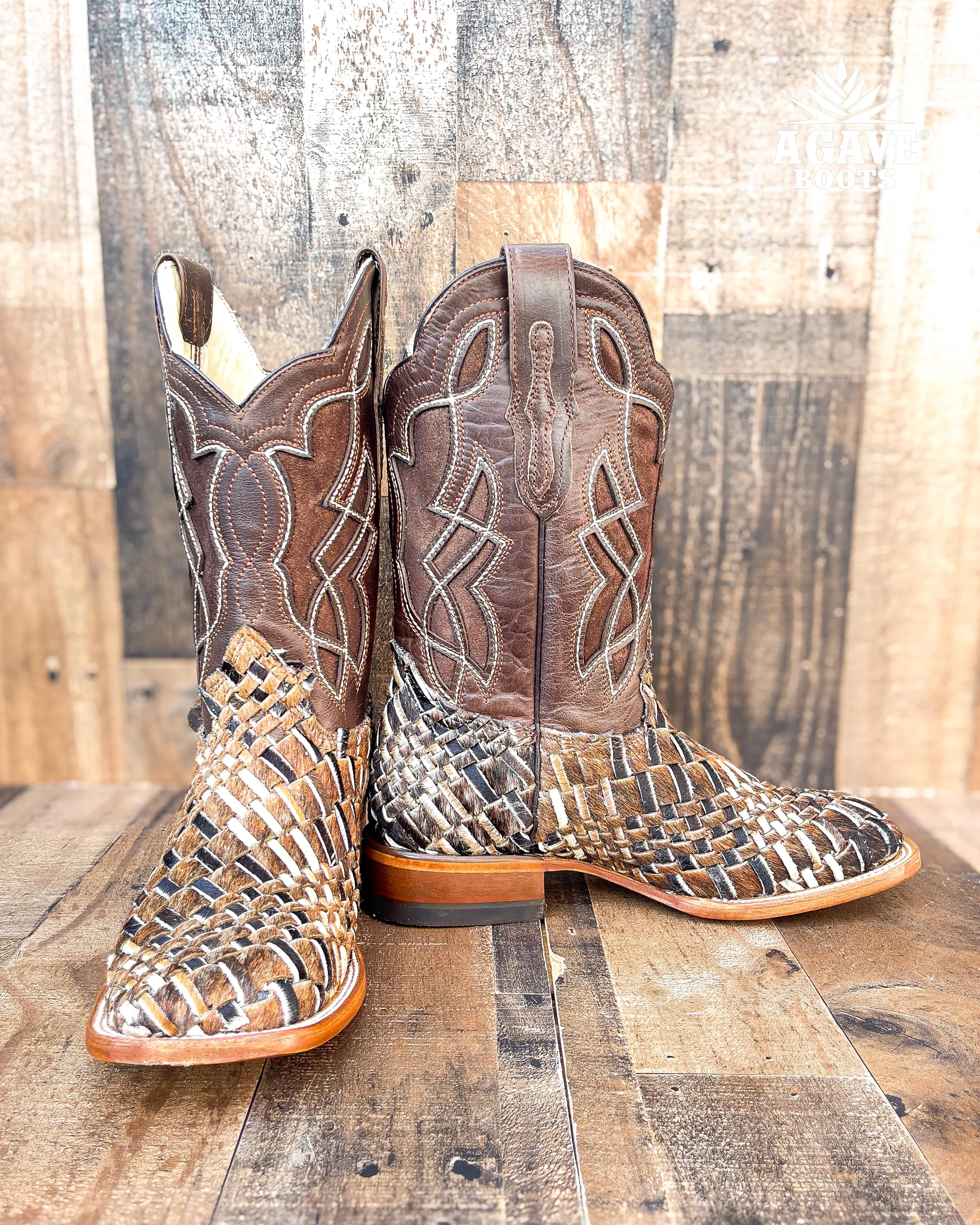 COWHIDE WEAVE / HAND WOVEN / BRAIDED COWHIDE | MEN SQUARE TOE COWBOY BOOTS