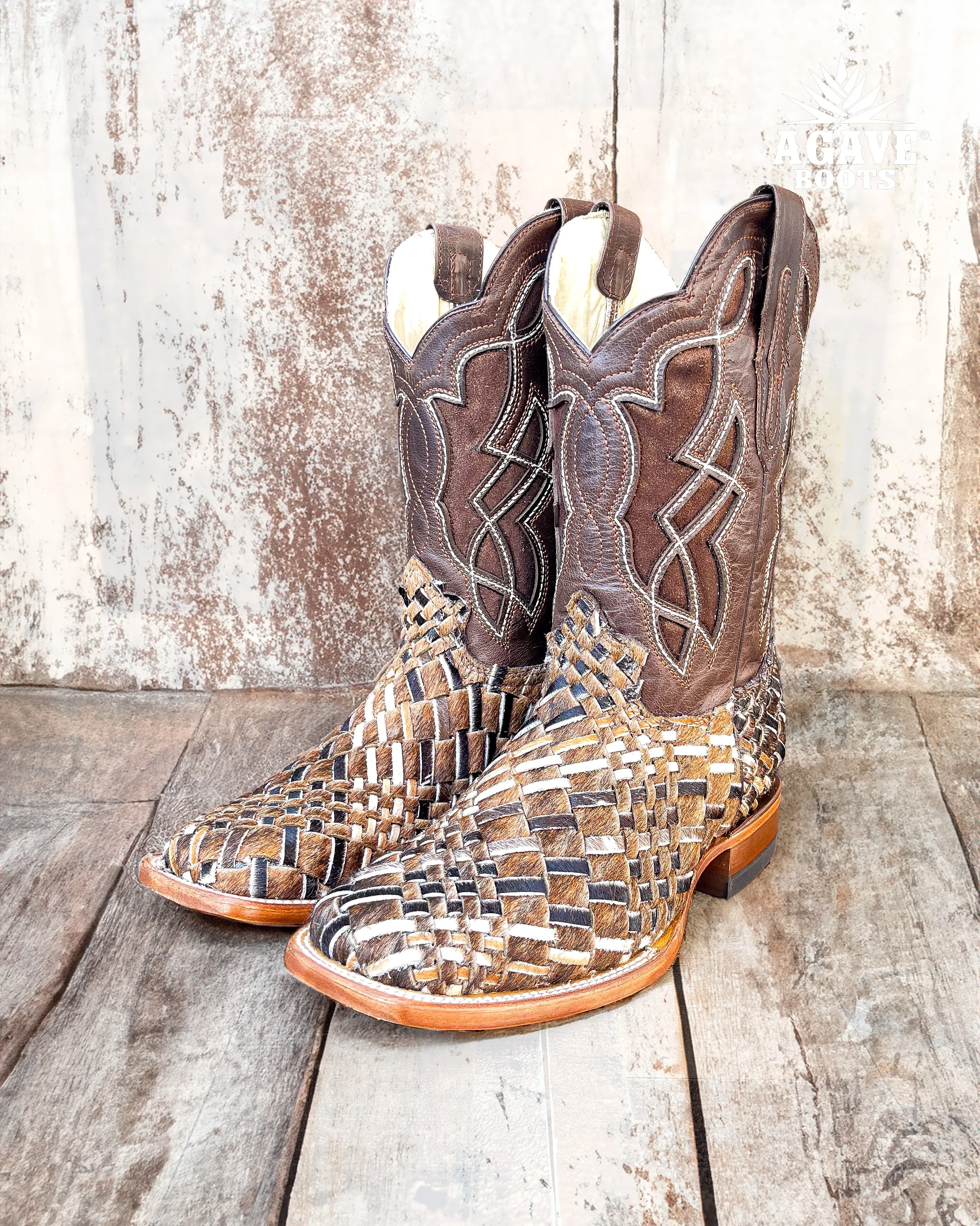 COWHIDE WEAVE / HAND WOVEN / BRAIDED COWHIDE | MEN SQUARE TOE COWBOY BOOTS