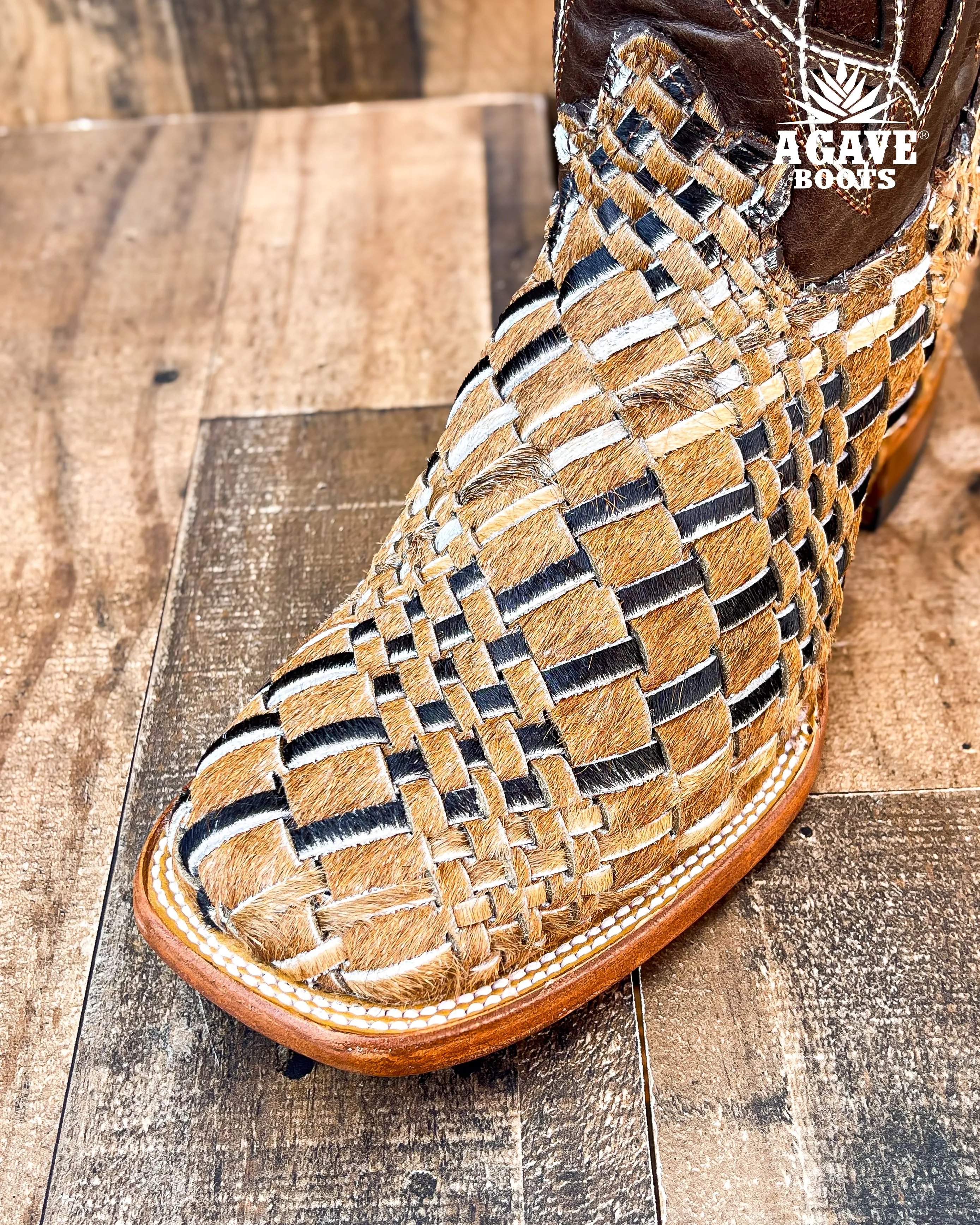 COWHIDE WEAVE / HAND WOVEN / BRAIDED COWHIDE | MEN SQUARE TOE COWBOY BOOTS