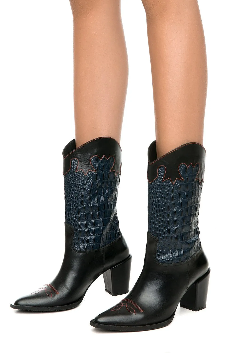 CROC-EMBOSSED MID-CALF COWBOY LEATHER BOOTS