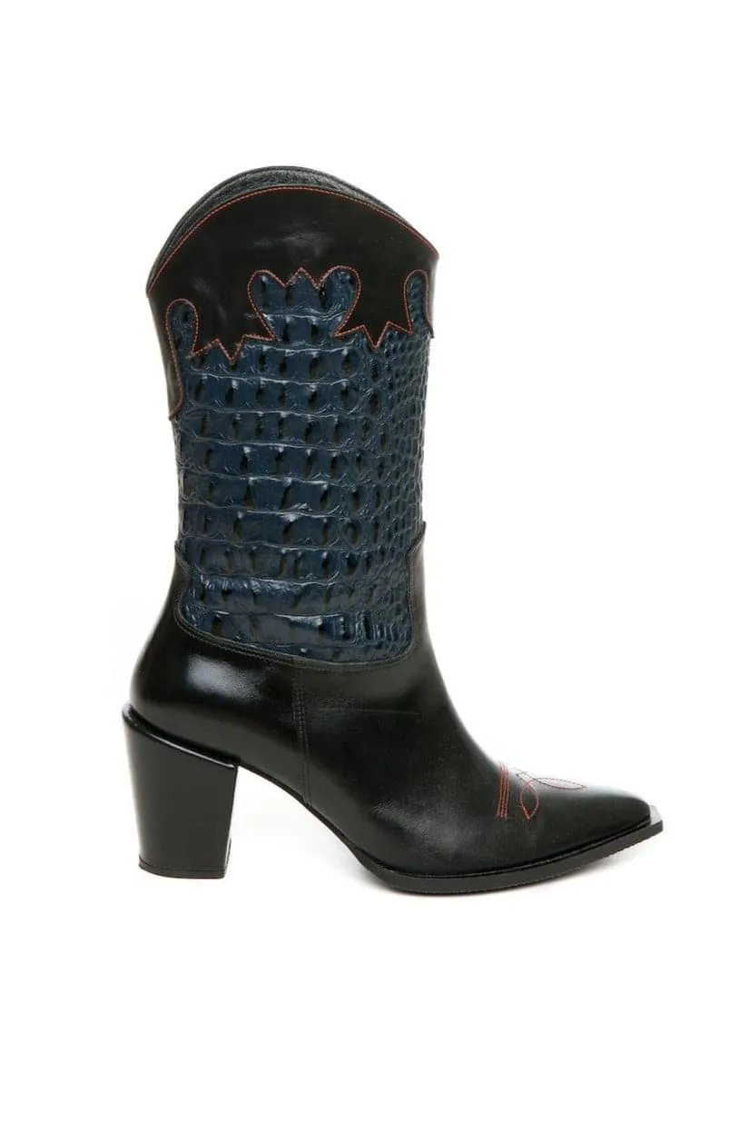 CROC-EMBOSSED MID-CALF COWBOY LEATHER BOOTS