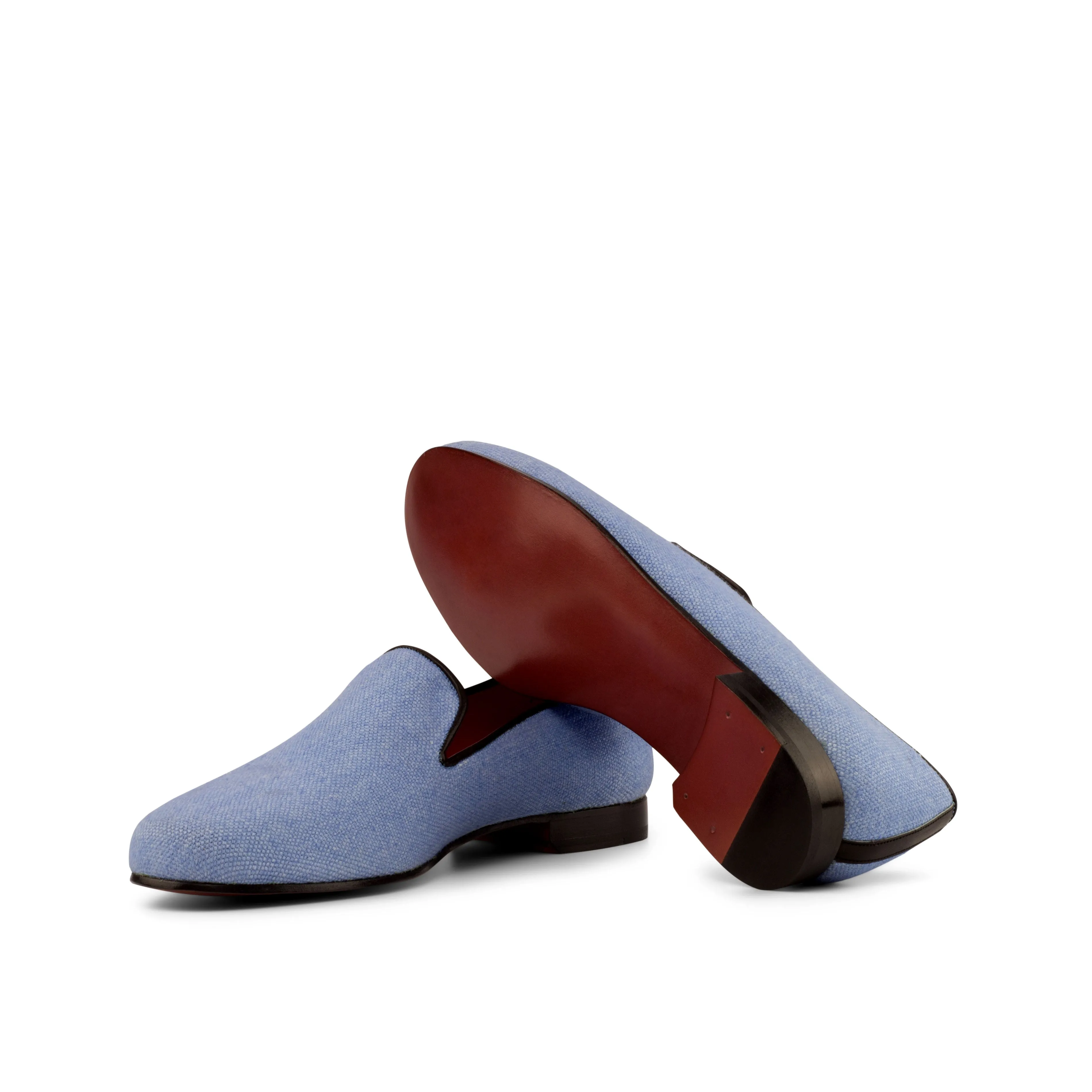 DapperFam Enzo in Blue / Black Men's Linen & Italian Leather Slipper