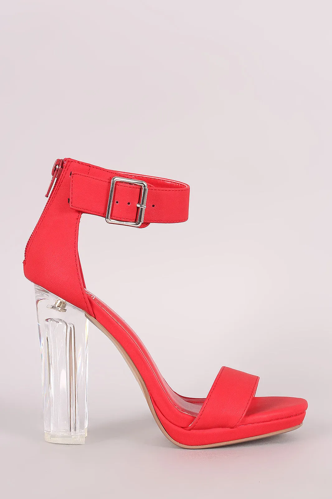 Delicious Buckled Ankle Strap Chunky Lucite Heel