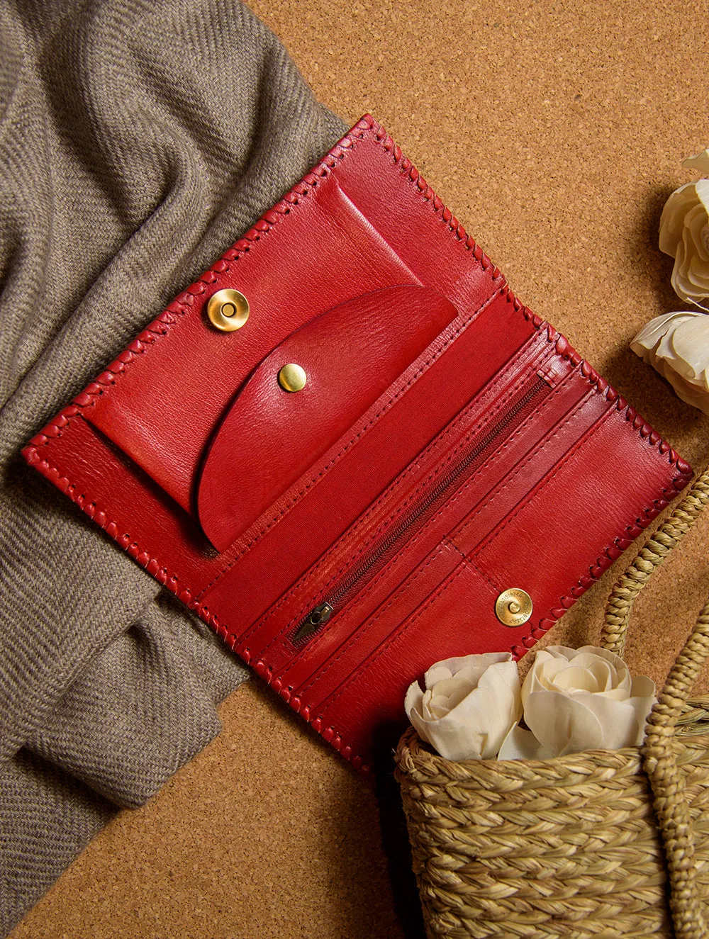 Embossed Leather Wallet (Multi-Compartment) - Red