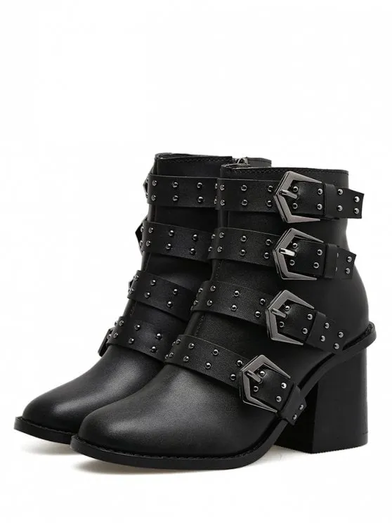 Fashion Block Heel Buckle Straps Ankle Boots