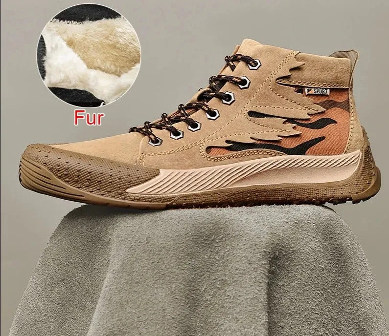 Fashion Genuine Leather Boots Casual Mens Shoes Lace Up Non-Slip Handmade Comfortable Plush Anti-Collision Ankle Boots