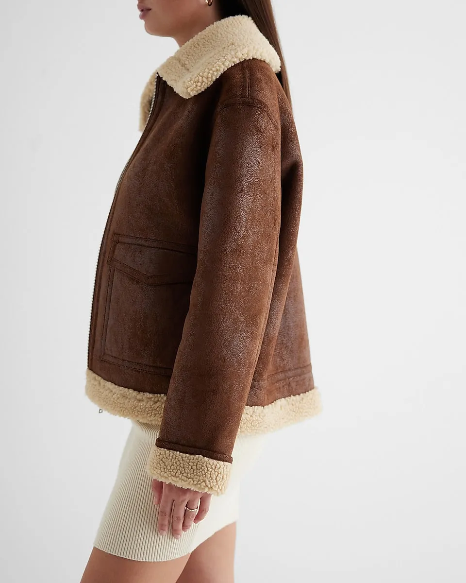 Faux Leather Sherpa Lined Coat in Pecan