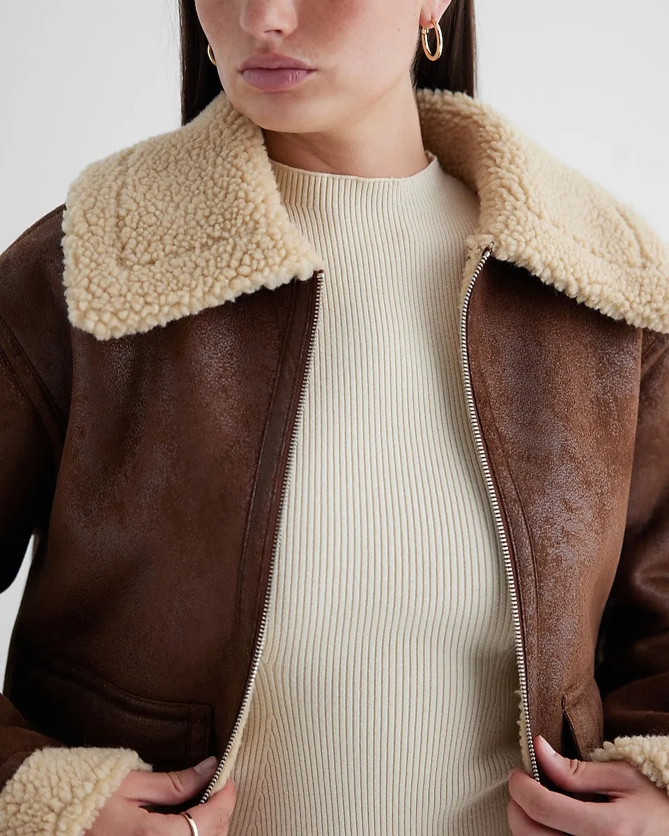 Faux Leather Sherpa Lined Coat in Pecan