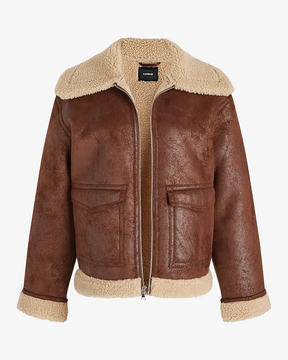 Faux Leather Sherpa Lined Coat in Pecan