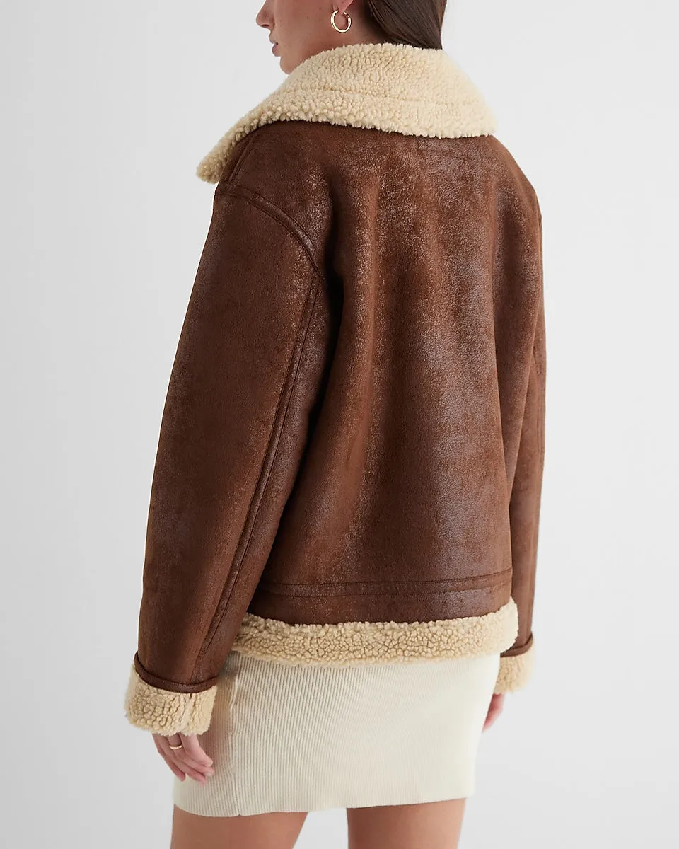 Faux Leather Sherpa Lined Coat in Pecan