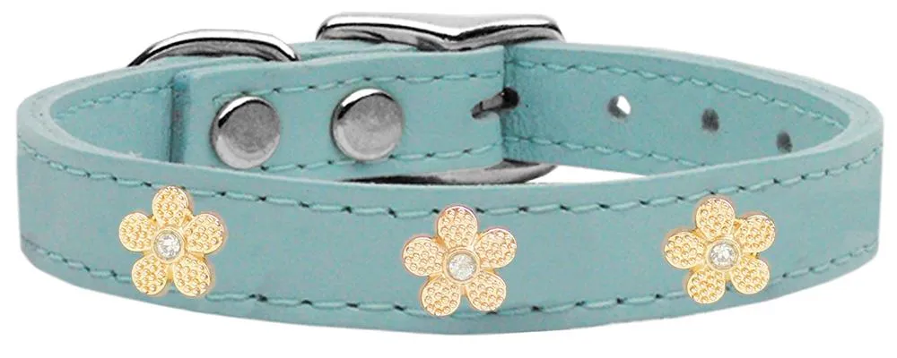 Gold Flower Widget Genuine Leather Dog Collar Baby Blue 16