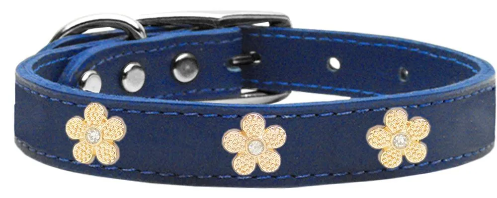 Gold Flower Widget Genuine Leather Dog Collar Blue 20