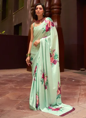 Green Floral Printed Festive Saree