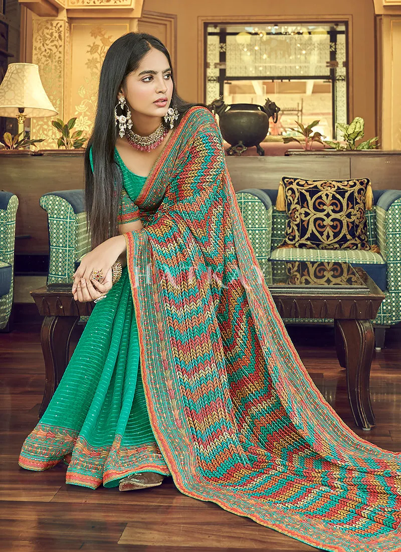 Green Sequence Printed Georgette Saree