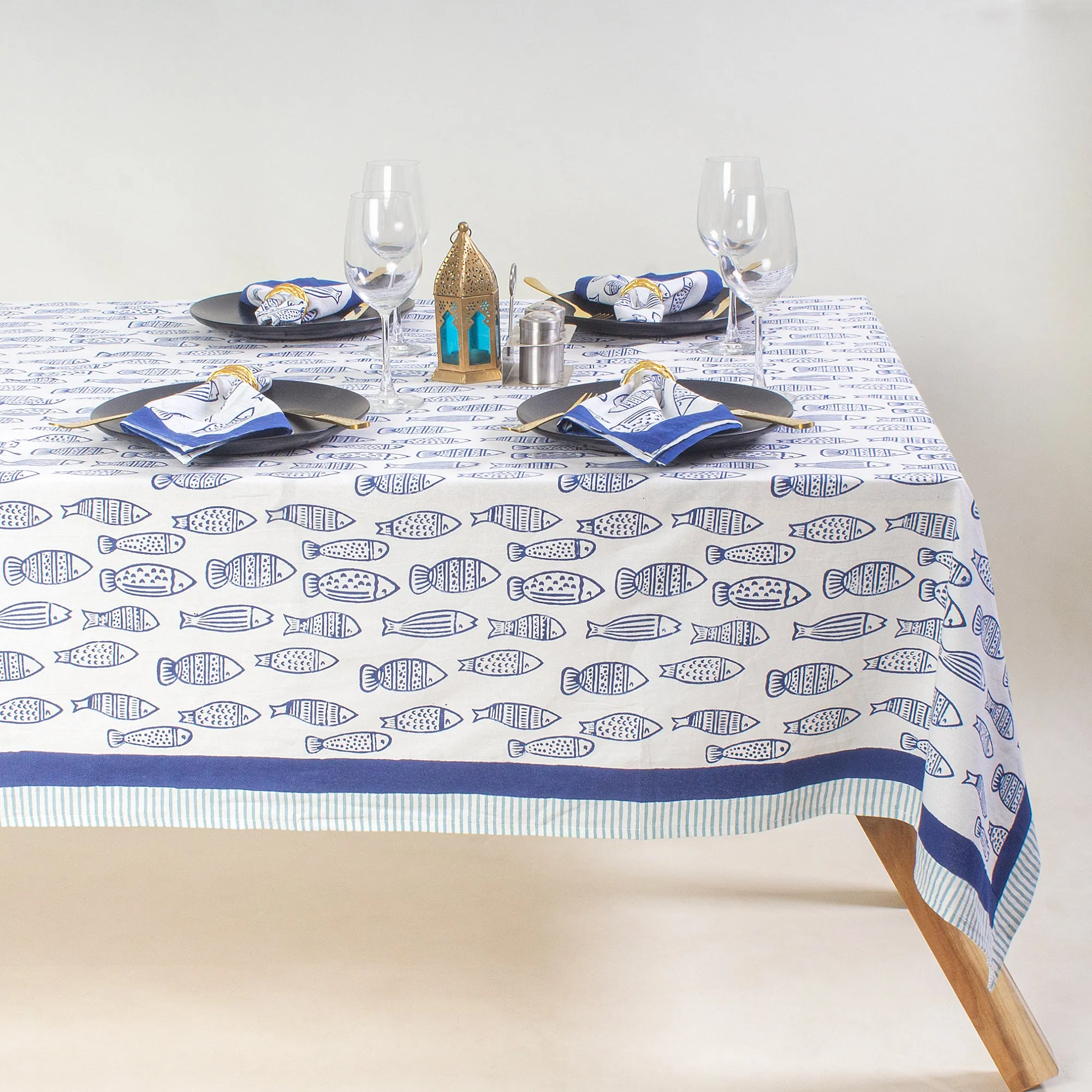 Hand Block Fish Print Soft Table Cover 6 Seater