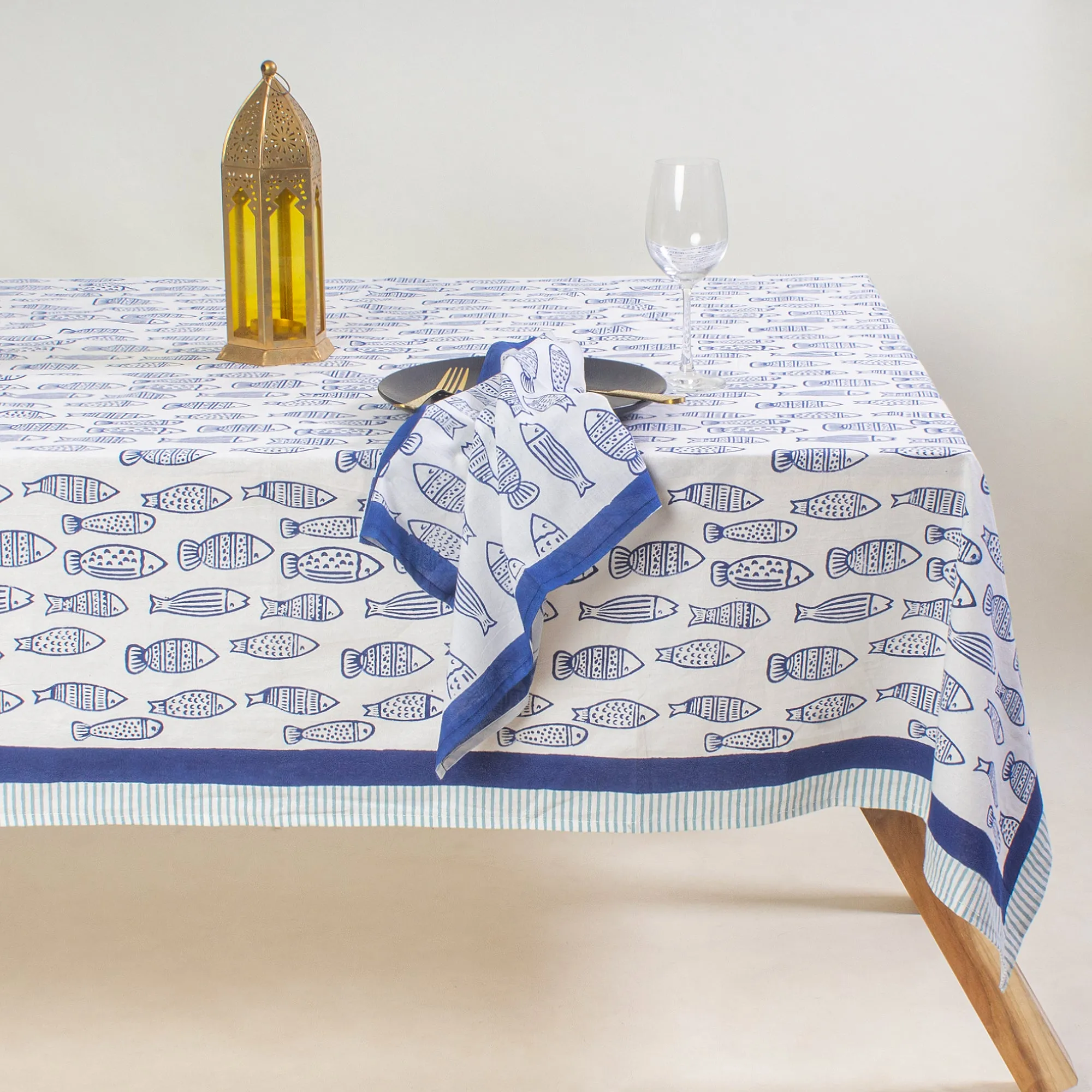 Hand Block Fish Print Soft Table Cover 6 Seater