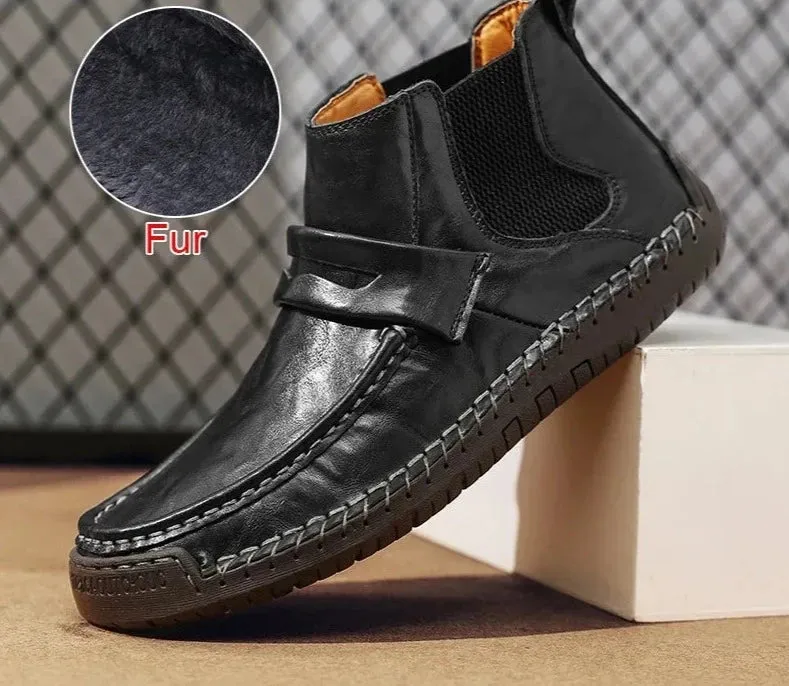 Handmade Autumn Winter Warm Fur Boots Slip On Comfortable Casual Mens Shoes Genuine Leather Ankle Boots Plus Size 48