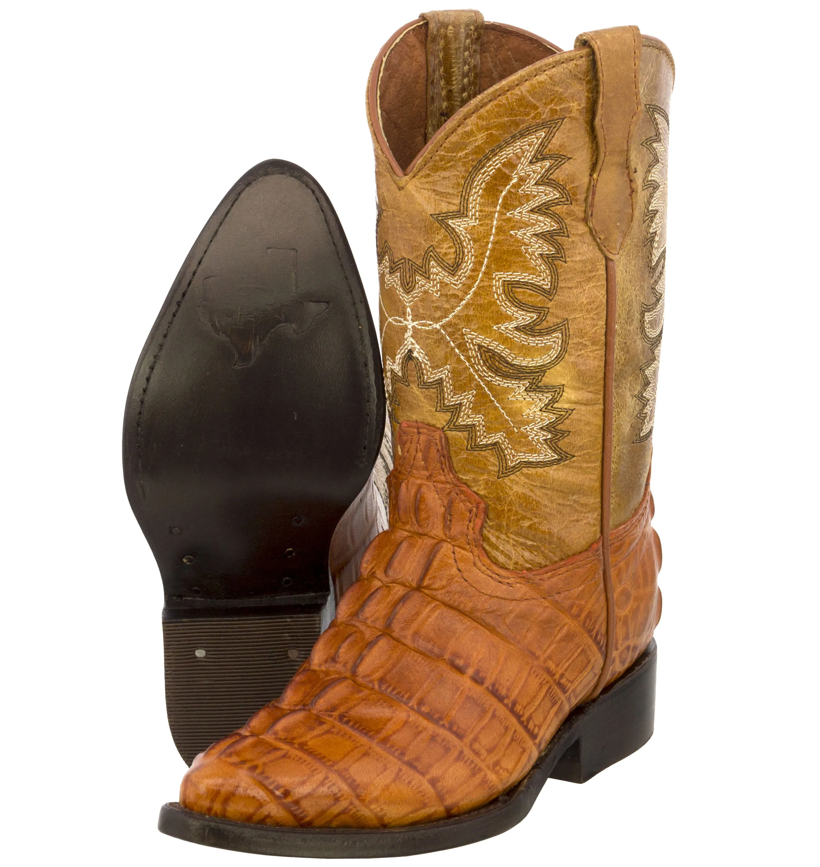 Kids Cognac Alligator Tail Print Leather Cowboy Boots J Toe