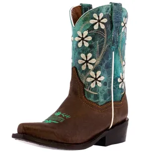 Kids Western Boots Flower Embroidered Leather Teal Brown Snip Toe Botas