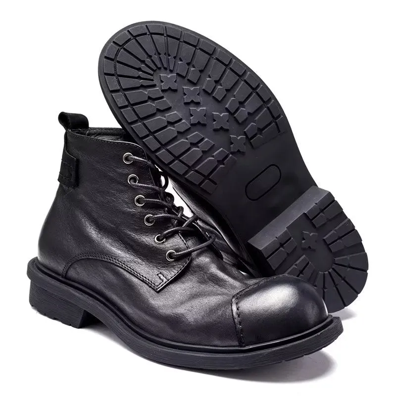 Luxury Cow Leather Round Toe Lace-up Boots