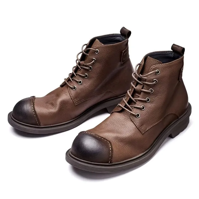 Luxury Cow Leather Round Toe Lace-up Boots