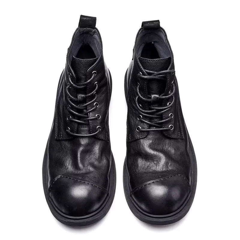 Luxury Cow Leather Round Toe Lace-up Boots