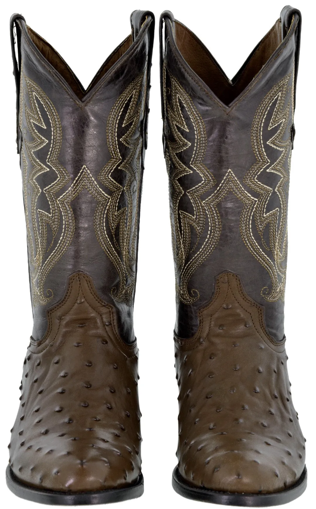 Mens Brown Ostrich Print Leather Cowboy Boots - Round Toe