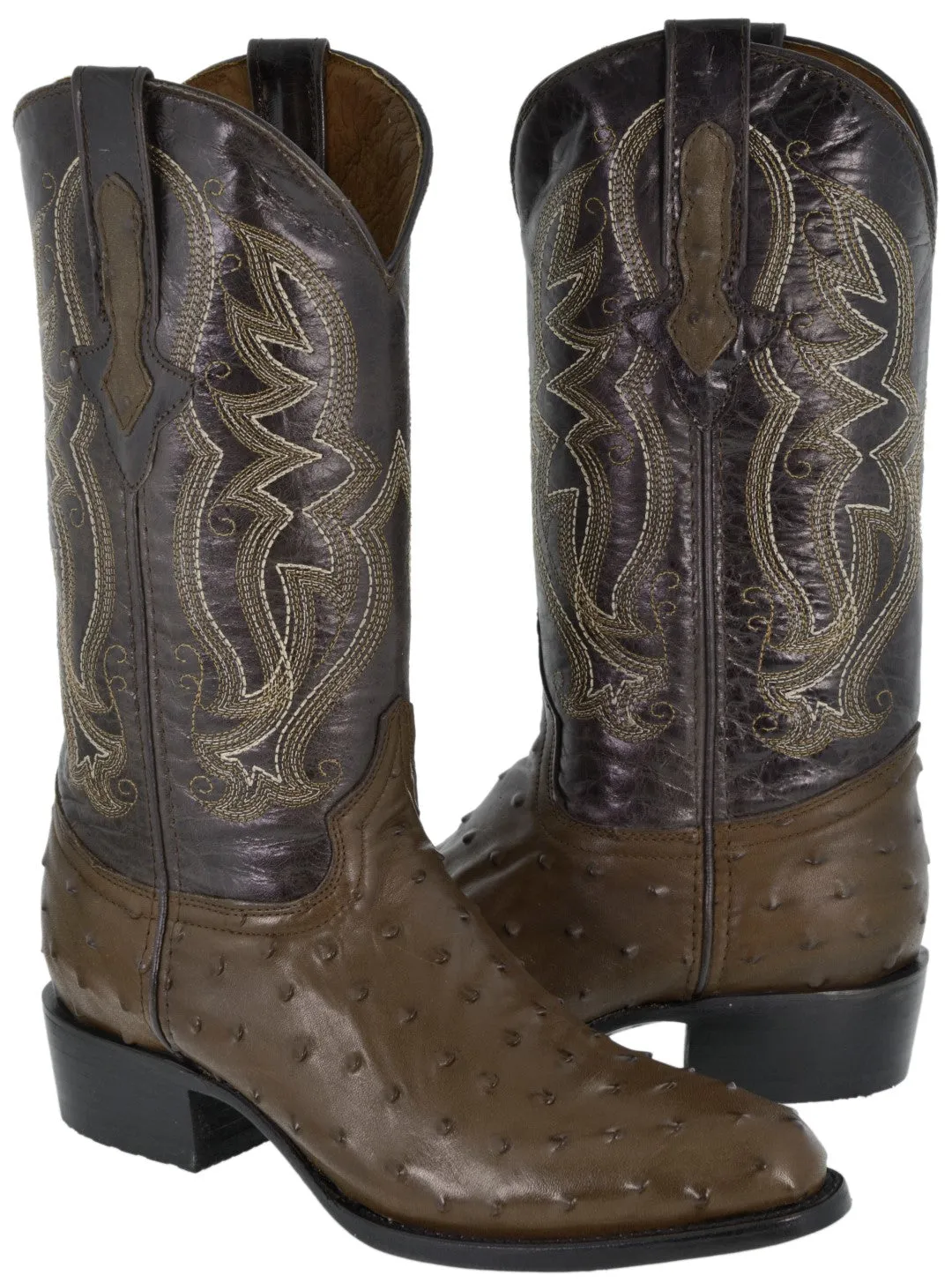 Mens Brown Ostrich Print Leather Cowboy Boots - Round Toe