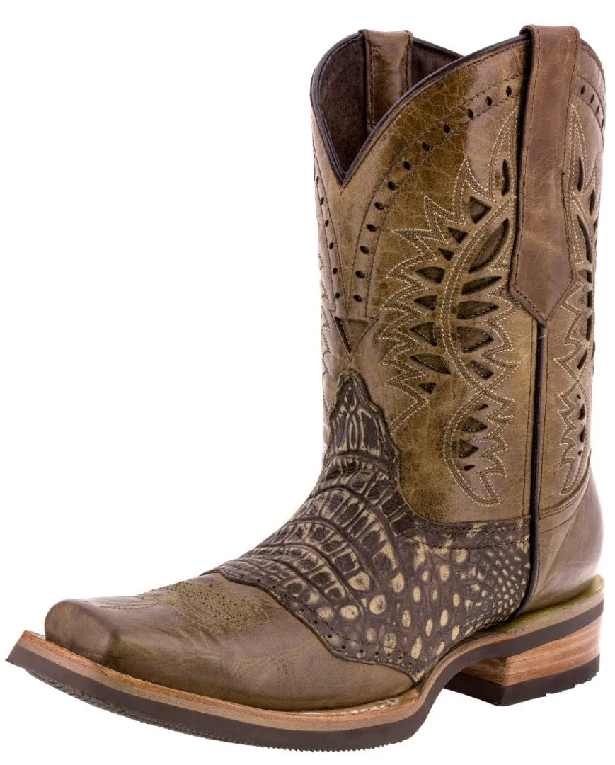 Mens Sand Western Leather Cowboy Boots Alligator Print - Square Toe