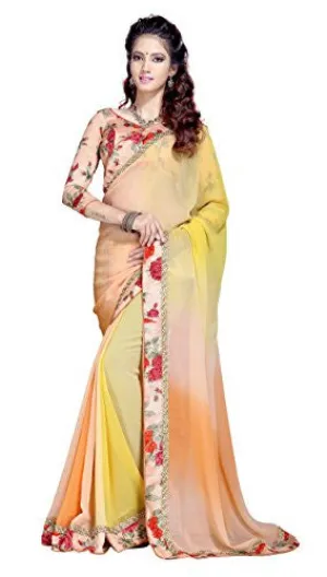 Oomph! Women's Georgette Sarees Party Wear/Fancy Georgette Sarees/Printed Georgette Sarees - Peach &amp; Butter Yellow