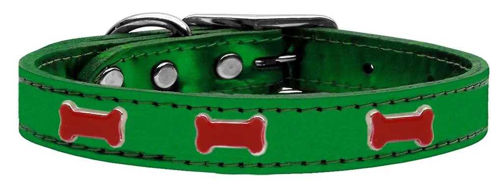 Red Bone Widget Genuine Metallic Leather Dog Collar Emerald Green 16